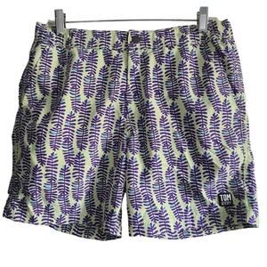 TOM & TEDDY Lt Green & Purple Feathers Leaves UPF 50+ Swim Shorts Men's Small